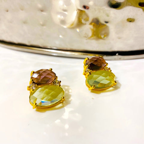 Amethyst Gemstone Earrings - Purple and Green Amethyst with White Topaz diamante