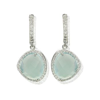 Aqua Gemstone Silver Drop Earrings Diamante