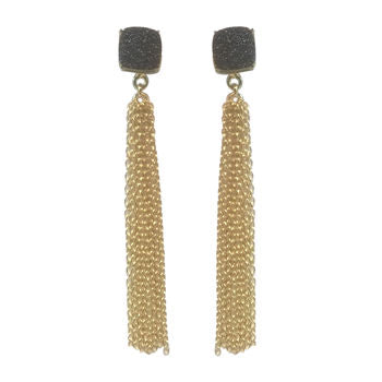 Black Druzy Fringe Gold Statement Earrings