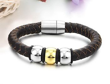 Mens Leather Bracelet Brown Leather Three Beads