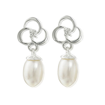 Pearl Earrings Silver Three Rings Of Love Pearl Drop