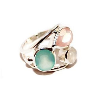 Silver Ring With Aqua, Rose And Moonstone